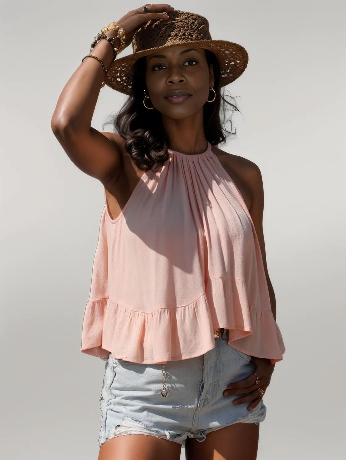 Ruched Peplum Round Neck Tank