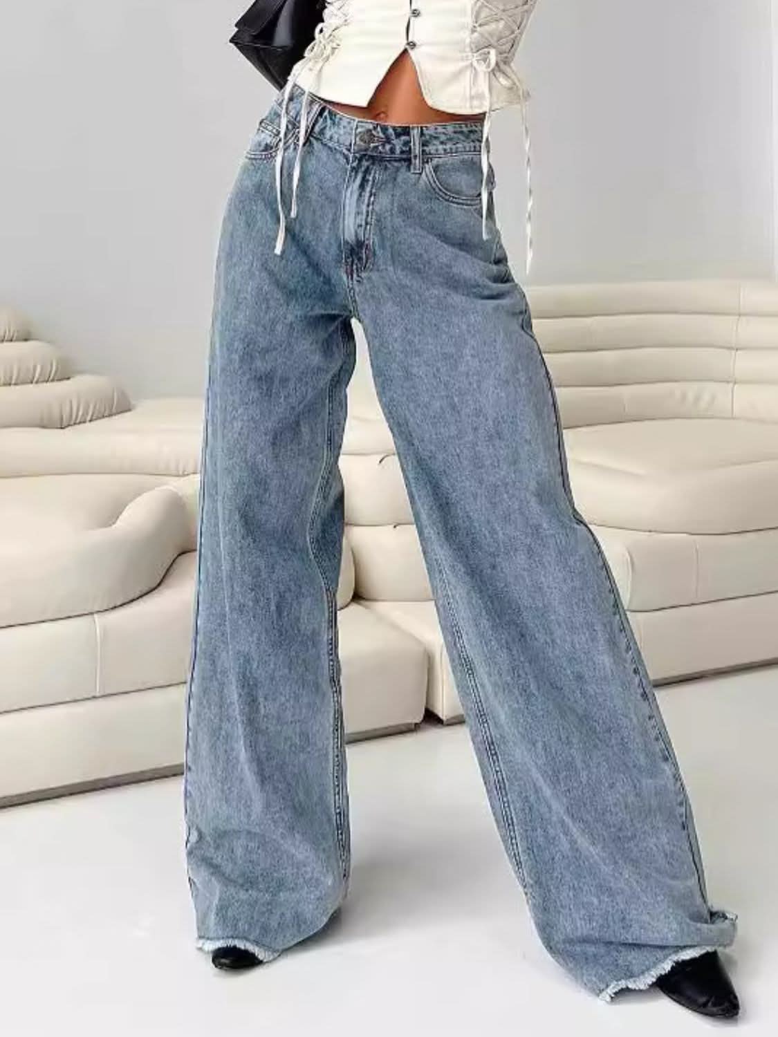 Wide Leg Drizzle Jeans with Pockets - High-Waisted Denim for Everyday Wear Dusty Blue