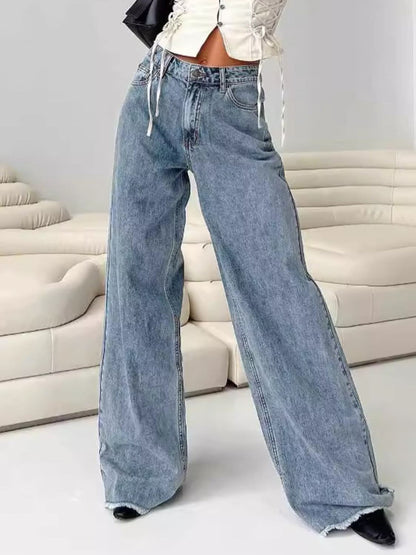 Wide Leg Drizzle Jeans with Pockets - High-Waisted Denim for Everyday Wear Dusty Blue