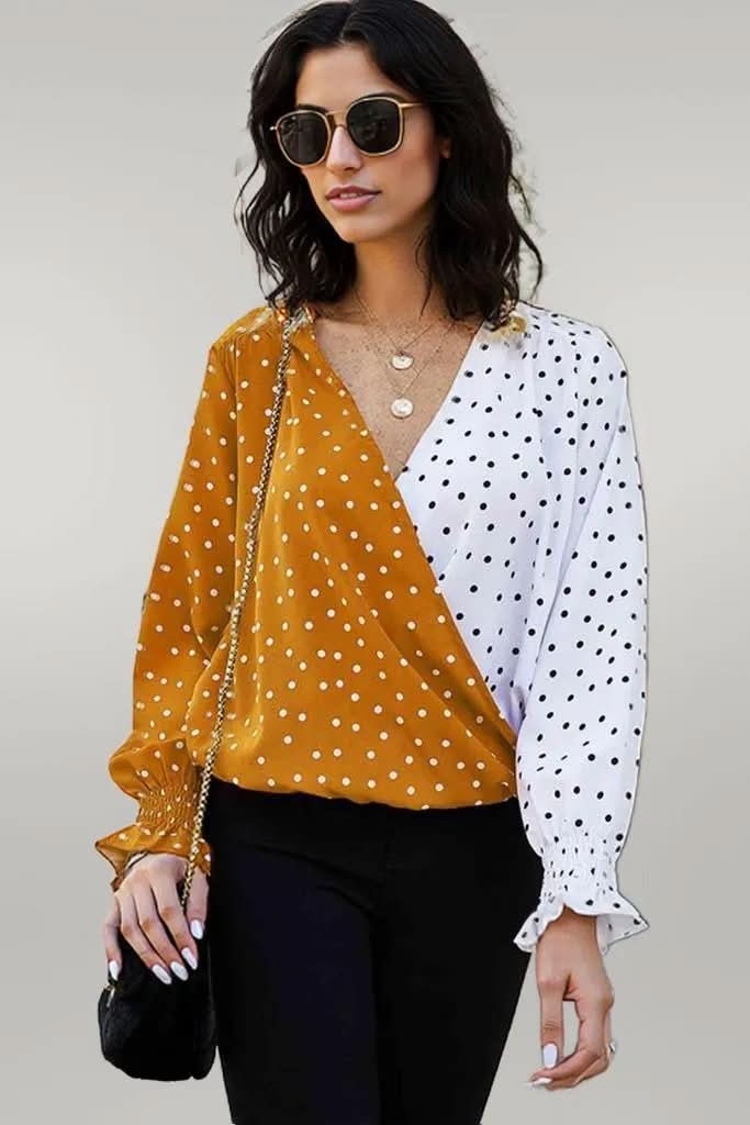 Ivy Lane Polka Dot Surplice Neck Lantern Sleeve Blouse