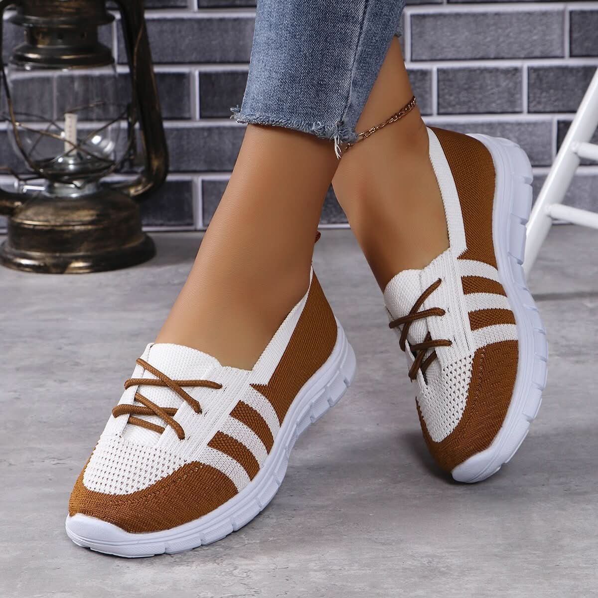 Mesh Contrast Flat Slip-Ons Brown