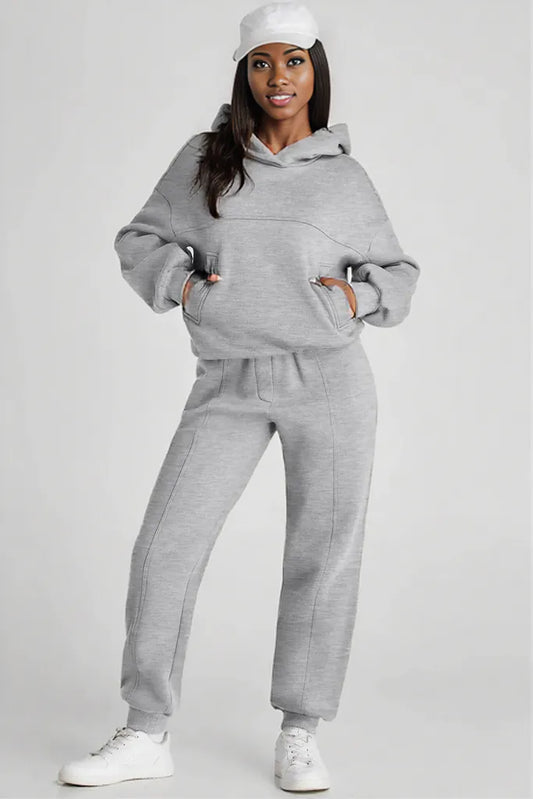 Dropped Shoulder Long Sleeve Hoodie and Pants Active Set Gray