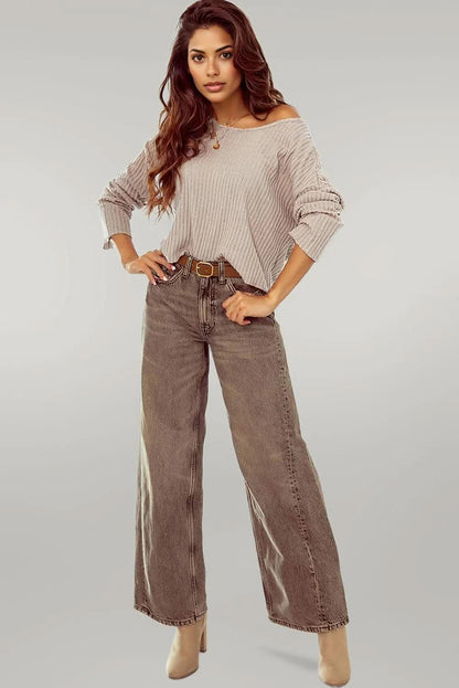 Beige Lettuce Cuffs Drop Shoulder Loose Ribbed Knit Top Beige 95%Polyester+5%Elastane