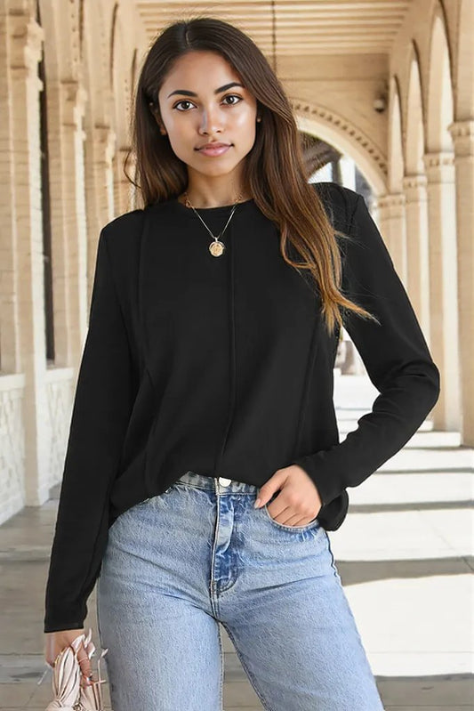 Black Solid Exposed Seam Crew Neck Long Sleeve Top