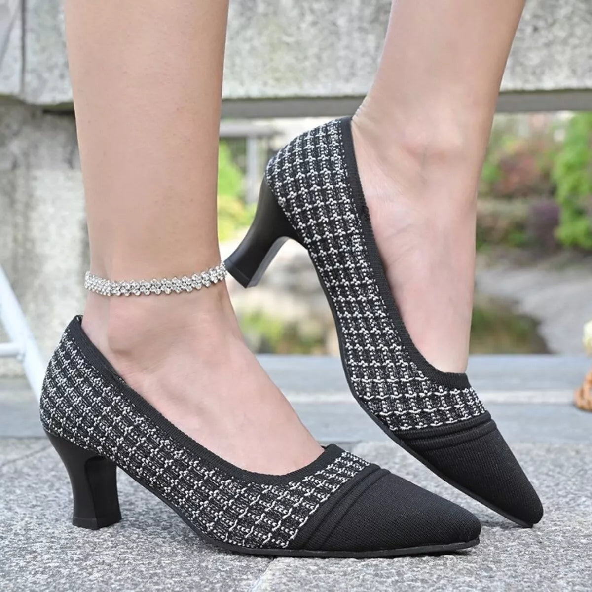 Point Toe Block Heels Pumps Dark Gray
