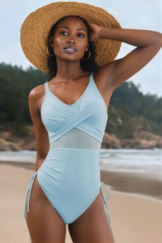 Drawstring Ruched V-Neck One-Piece Swimwear Pastel Blue