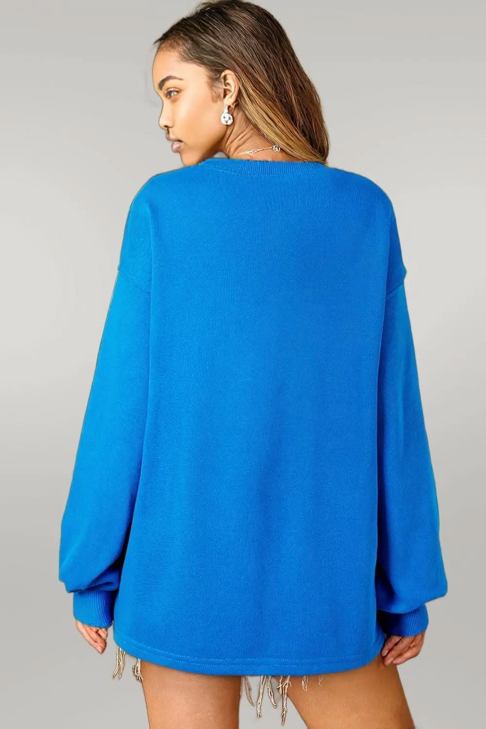 Sky Blue Solid Color Drop Shoulder Long Sleeve Basic Sweatshirt Sky Blue 50%Polyester+50%Cotton