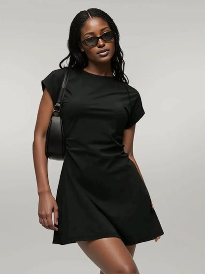 Round Neck Short Sleeve Mini Tee Dress Black