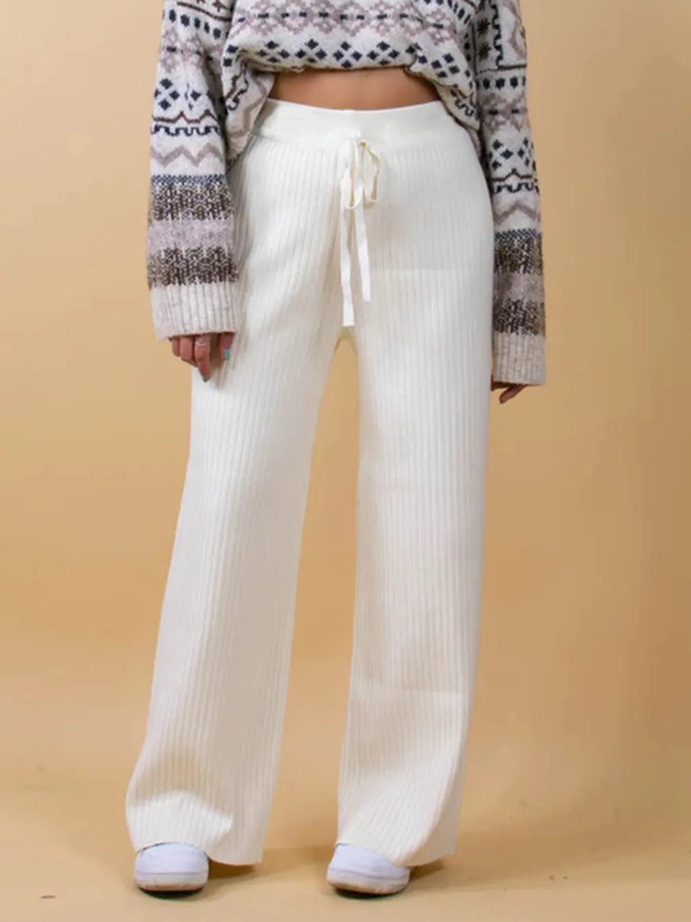 Ribbed Wide Leg Sweater Pants White