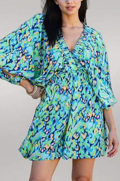 Pink Abstract Print Puff Sleeve V Neck High Waist Romper Green 100%Polyester