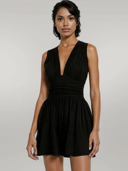 Ruched Plunge Sleeveless Romper Black