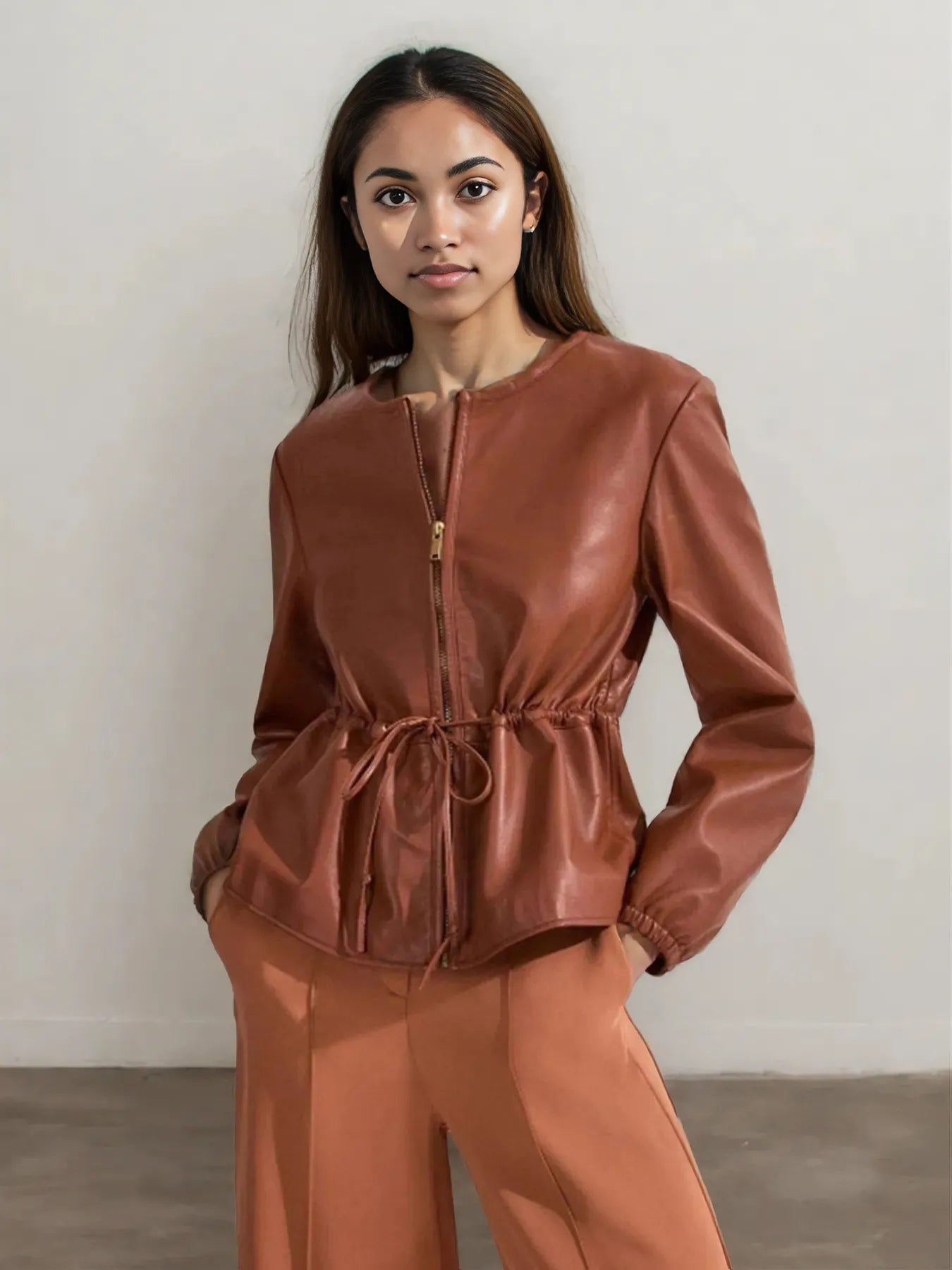 Drawstring Zip Up Leather Jacket Brown