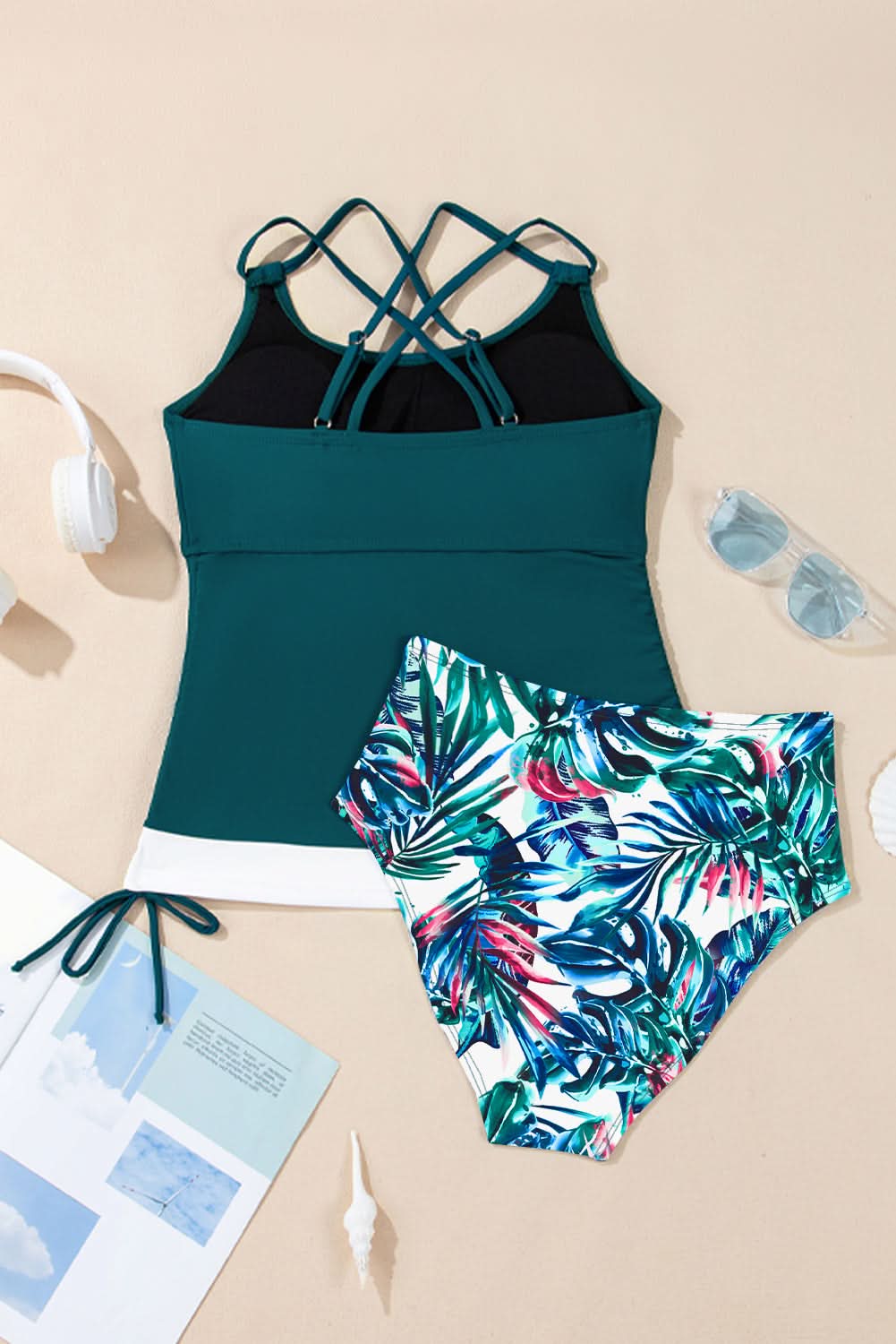 Mineral Red Drawstring Tummy Control Mix-and-match 2pcs Tankini Swimsuit Sea Green 82%Polyamide+18%Elastane