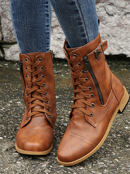 Lace-Up Boots with Side Zipper Brown
