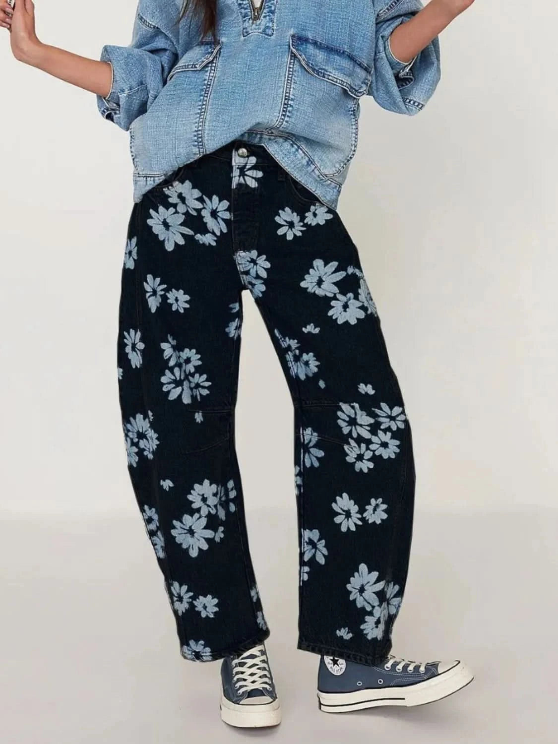 Printed Wide Leg Jeans Black