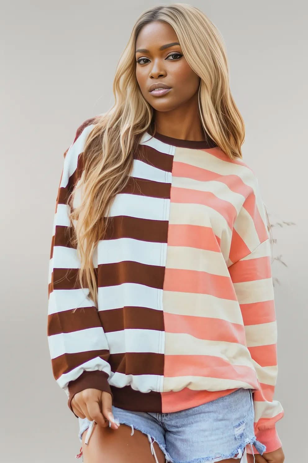 Brown Stripe Color Block Drop Shoulder Pullover Sweatshirt Brown Stripe 95%Cotton+5%Elastane