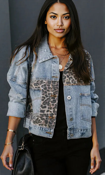 Distressed Leopard Drop Shoulder Denim Jacket Leopard