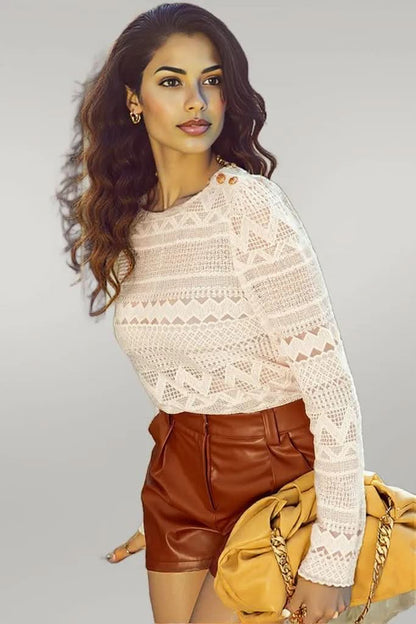 White Geometric Lace Buttoned Decor Long Sleeve Blouse