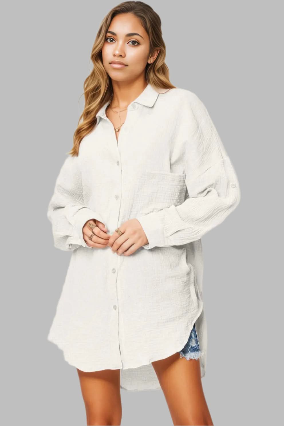 Double Take Full Size Pocketed Texture Button Up Shirt White