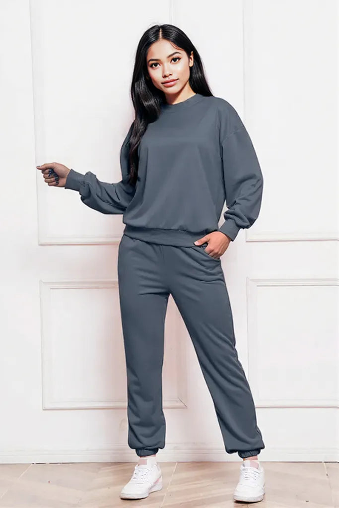 Round Neck Long Sleeve Sweatshirt and Pants Set Dark Gray