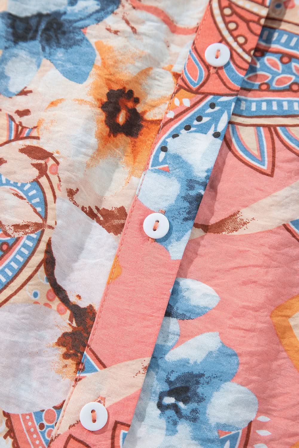 Orange Floral Print Shirred Cuff Buttoned Loose Shirt Orange 81%Viscose+19%Polyamide