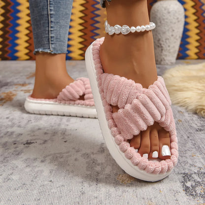 Crisscross Open Toe Platform Slippers Pink