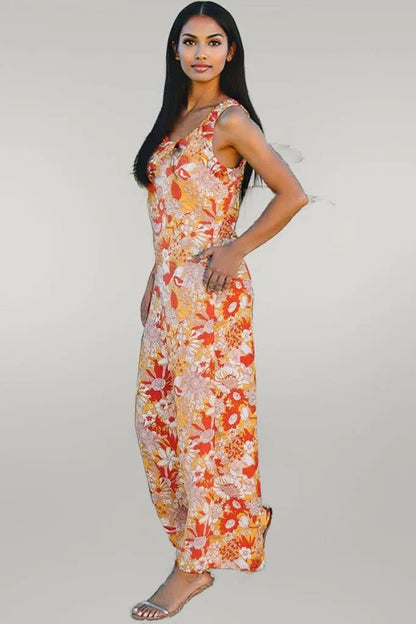 Orange Floral V Neck Wide Leg Sleeveless Jumpsuit Orange 100%Polyester
