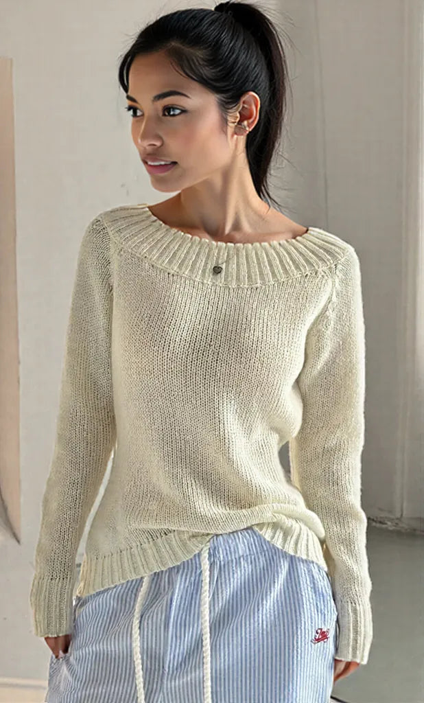Ribbed Knit Boat Neck Sweater White