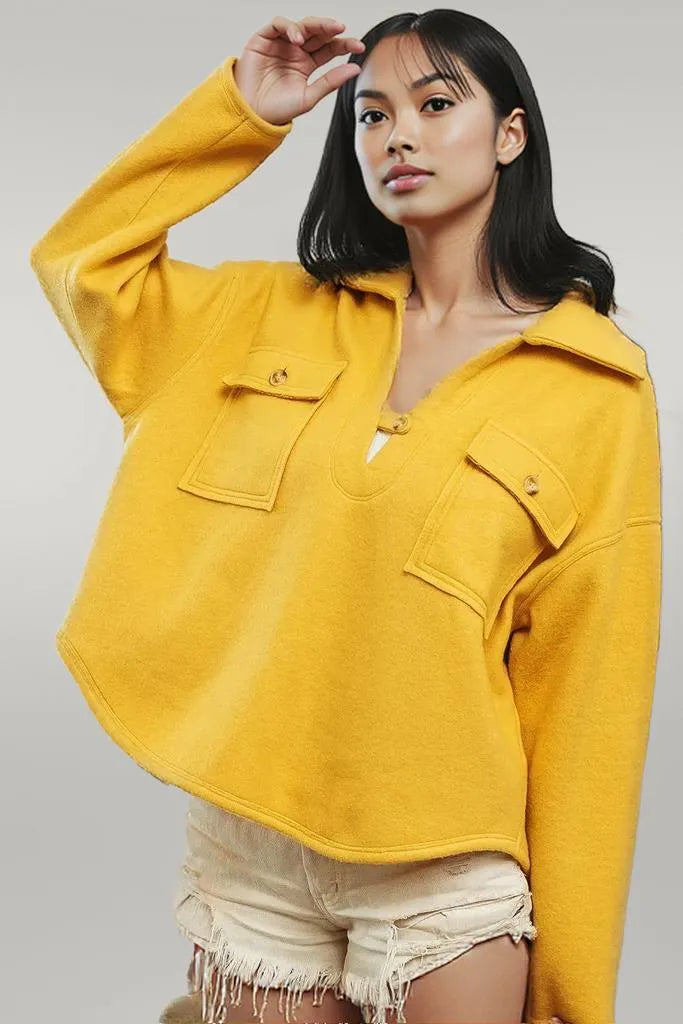 BiBi Flap Pockets Fleece Collared Sweatshirt