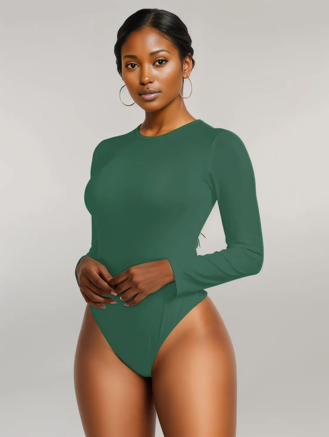 Round Neck Long Sleeve Bodysuit Dark Green