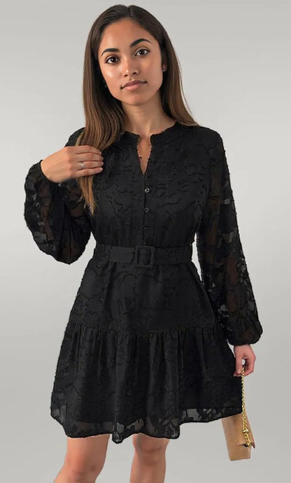Button-Front Balloon Sleeve Mini Dress Black