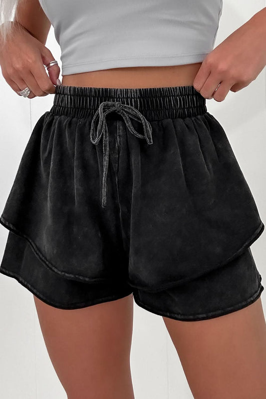 Black Mineral Wash French Terry High Waist Casual Shorts Black 100%Cotton