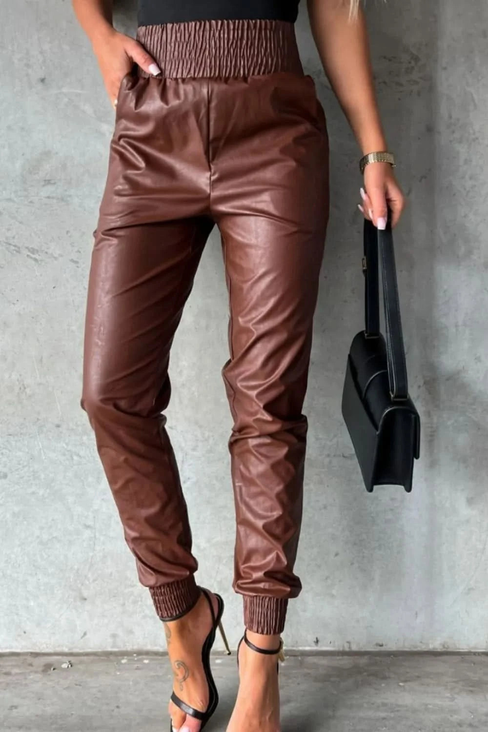 Smocked High Waist Pants with Pockets Brown