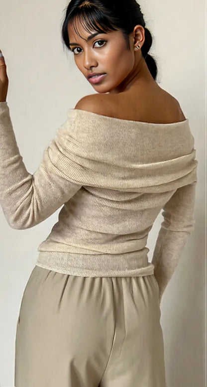Off-Shoulder Long Sleeve Knit Top