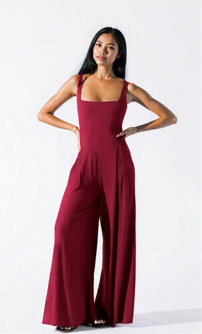 Square Neck Wide Strap Jumpsuit Burgundy