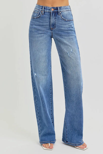 RISEN Full Size Tummy Control Elastic Band High Rise Wide Jeans