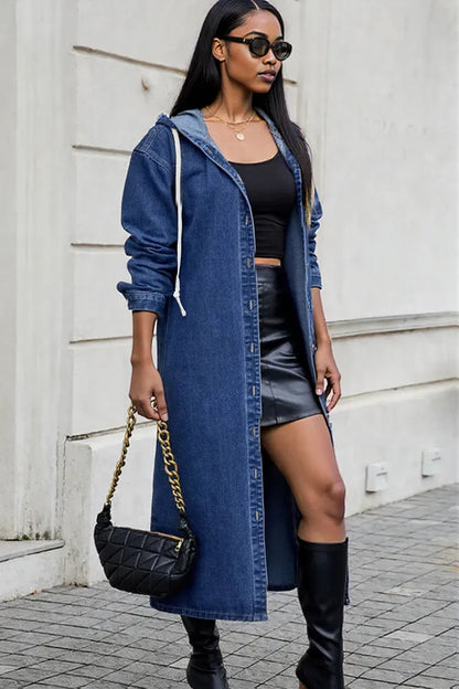 Button Up Long Sleeve Longline Hooded Denim Outerwear