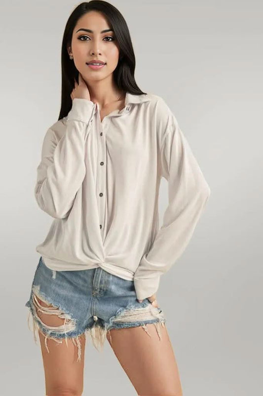 Aemi + Co Twisted Hemline Button Detail Collared Neck Top White