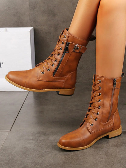 Lace-Up Buckle Detail Boots Brown