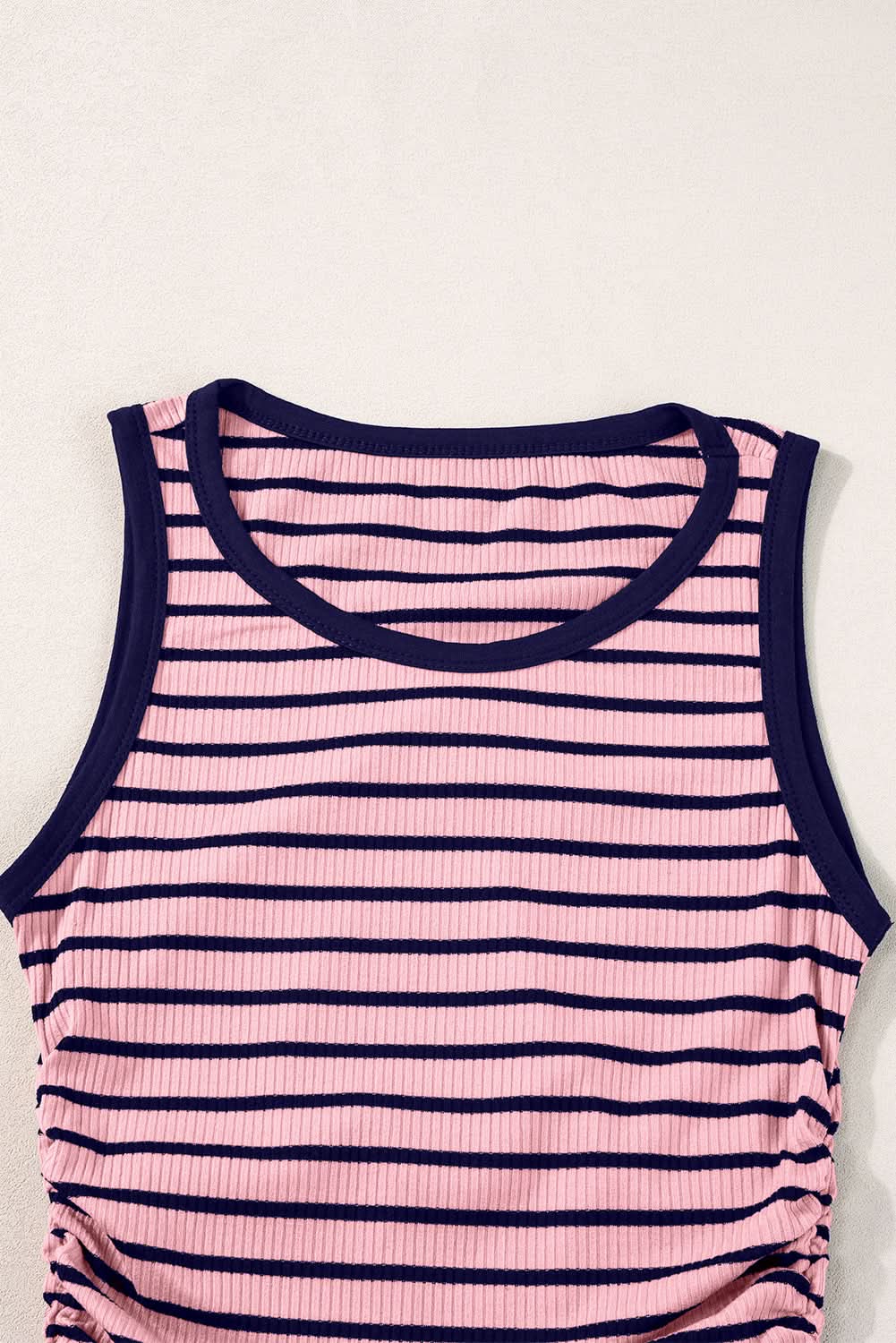 Pink Stripe Contrast Round Neck Sleeveless Slim Top Black Stripe 95%Polyester+5%Elastane