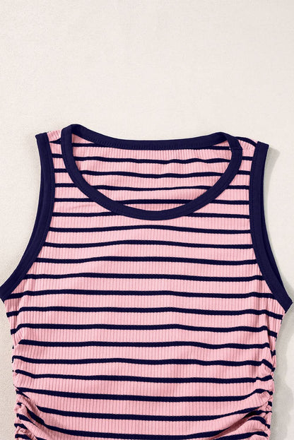 Pink Stripe Contrast Round Neck Sleeveless Slim Top Black Stripe 95%Polyester+5%Elastane