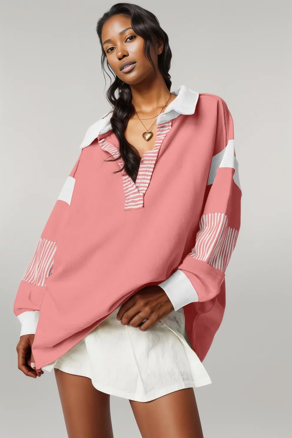 Black Striped Colorblock Patchwork Collar Sweatshirt Pale Chestnut 50%Polyester+50%Cotton