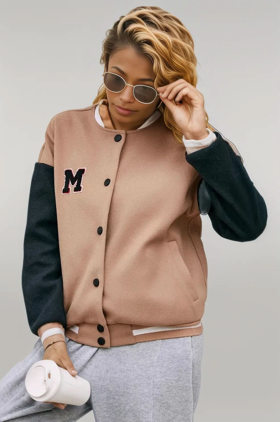Ivy Lane Contrast Baseball Collar Snap Down Jacket Camel