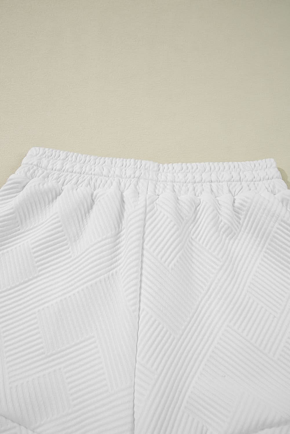 White Textured Half Zip Tank Top Drawstring Shorts Set White 97%Polyester+3%Elastane