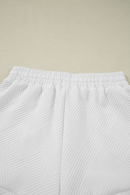 White Textured Half Zip Tank Top Drawstring Shorts Set White 97%Polyester+3%Elastane