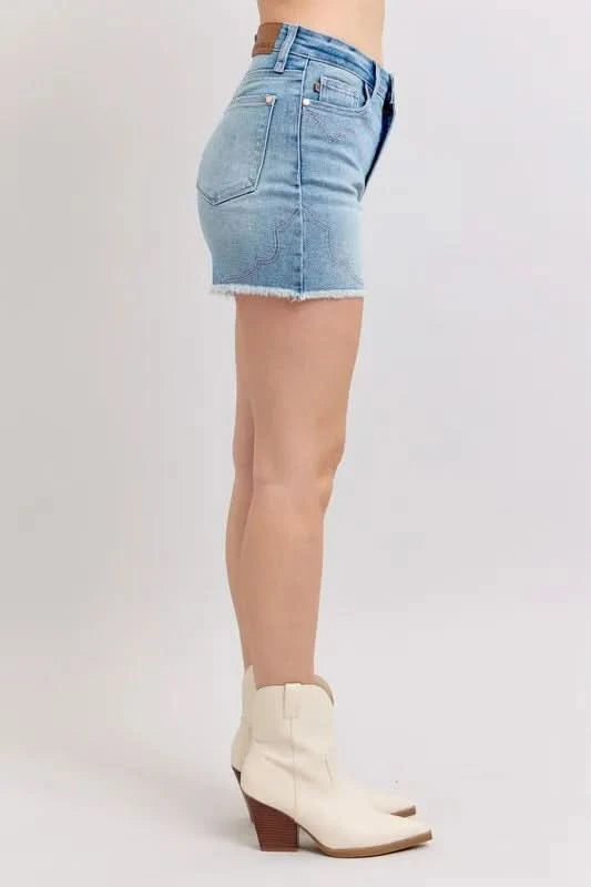 Judy Blue Full Size High Waist Western Embroidery Detail Cut Off Denim Shorts