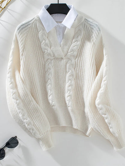 Cable-Knit Collared Neck Faux Layered Sweater Cream