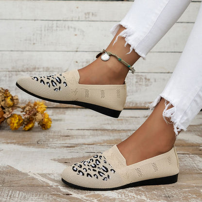 Leopard Mesh Round Toe Flat Slip-Ons Beige