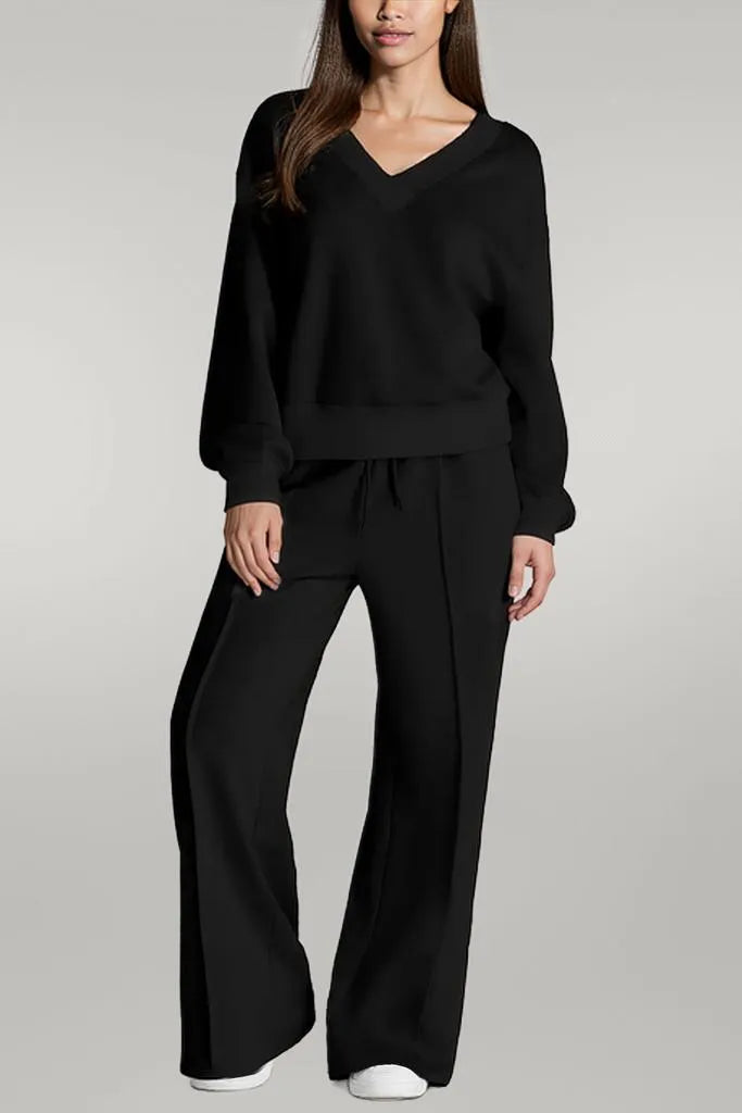 V-Neck Long Sleeve Top and Pants Active Set Black