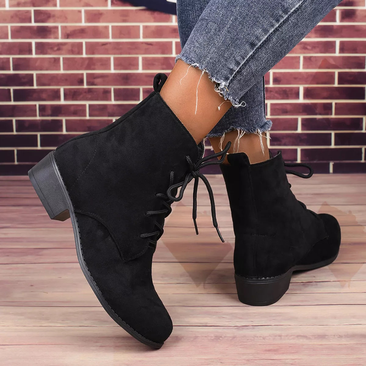 Lace Up Block Heels Boots Black